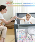 Parent supervising child in Monster Sized 71 By 59 Inch Baby Playpen For Toddlers Indoor Outdoor With Gate, thick cloth and mesh.
