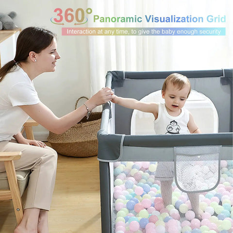 Parent supervising child in Monster Sized 71 By 59 Inch Baby Playpen For Toddlers Indoor Outdoor With Gate, thick cloth and mesh.
