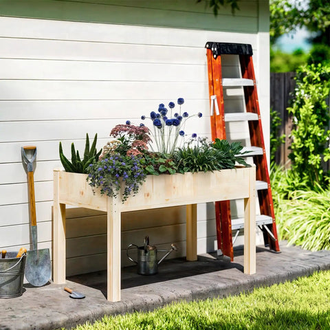 Raised Garden Bed With Legs 48x24x30in Wood Planter Box With Bed Liner For Herbs Flowers Vegetables 300lb Capacity