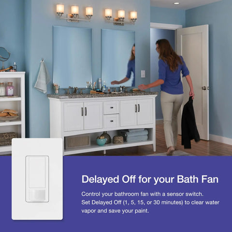 Motion Sensor Light Switch With Wall Plate For Bathrooms, Garages, And Laundry Rooms, Automatic On Off Lighting, Single Pole MS OPS2HW White