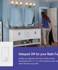 Motion Sensor Light Switch Indoor For Bathroom, Garage, Laundry Room And Closet, Occupancy Sensor, Single Pole, No Neutral, Model MS OPS5MH WH 2 Pack in bathroom setting with woman reaching for switch, showing occupancy sensor use.