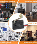 Application examples of Two Pack Micro Limit Switches With Roller Lever Arm SPDT 1NO 1NC in various industries: remote control, household appliances, medical, audiovisual.