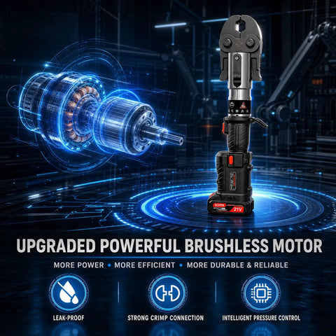 Aoknv 21V Electric Pipe Crimping Tool With Powerful 60KN Force For 1/2 And 3/4 Inch Tubing next to a brushless motor graphic.