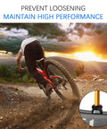 Biker riding mountain trail at sunset with Bike Vacuum Tire Valve Nut For Presta Inner Tubes inset image.