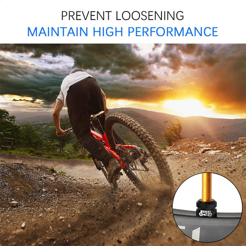 Biker riding mountain trail at sunset with Bike Vacuum Tire Valve Nut For Presta Inner Tubes inset image.