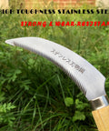 Grass Sickle With Sawtooth Japanese Weeding Hoe Hand Tool for Garden, close-up of steel sawtooth blade and ergonomic wood handle