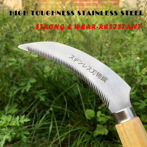 Grass Sickle With Sawtooth Japanese Weeding Hoe Hand Tool for Garden, close-up of steel sawtooth blade and ergonomic wood handle