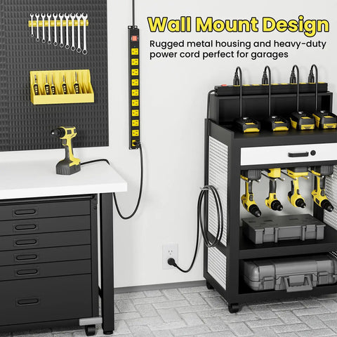 Tough As Nails 10 Outlet Metal Power Strip With 2100J Surge Protection, Heavy Duty 10 Foot Extension Cord, Wide Spaced Outlets And Wall Mount For Garage, Workshop, Job Site, Shop, Or Home Office