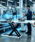 Heavy Duty Electric Scissor Lift Table With Hydraulic Cart For Flatbed Truck Moving in use with machinery in a warehouse setting.