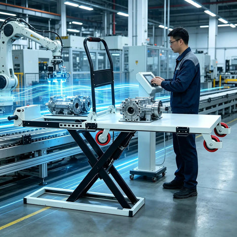 Heavy Duty Electric Scissor Lift Table With Hydraulic Cart For Flatbed Truck Moving in use with machinery in a warehouse setting.