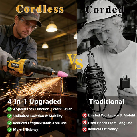 Cordless versus corded die grinders, showcasing the Built Like A Tank Cordless Die Grinder with brushless motor for 26000 RPM power.