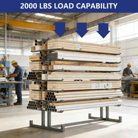 Rock Solid Double Sided Lumber And Pipe Storage Rack With Reinforced Cross Bracing Holding Two Thousand Pounds with lumber and pipes.