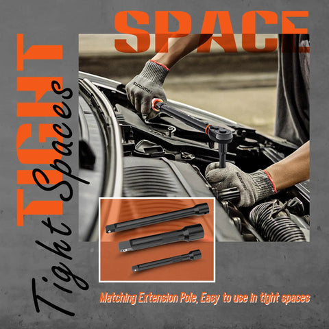 Using Six Piece Torque Wrench Set With One Half Inch Drive, Three Eighths Inch Drive, And One Quarter Inch Drive in tight space