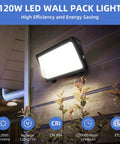120W LED Wall Pack Light With Dusk To Dawn Sensor mounted on wall, illuminating outdoor area at night, 12000LM 5000K Daylight.