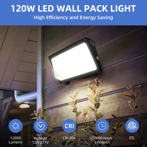 120W LED Wall Pack Light With Dusk To Dawn Sensor mounted on wall, illuminating outdoor area at night, 12000LM 5000K Daylight.