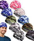 10 Pack Skull Caps For Men, Cooling Helmet Liners in camouflage, displayed in various colors, including wearer example.