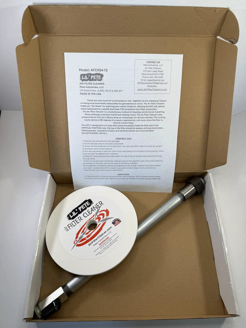 Air Filter Cleaner Kit For 1.5 To 4 Inch ID Filters With Rotating Nozzle System in open box with instructions, Made In USA