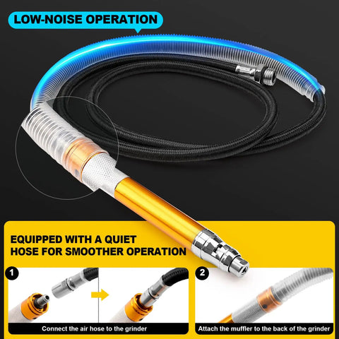 Rugged Micro Pneumatic Air Pencil Die Grinder Featuring Smooth Thumb Throttle 1/8 Inch Collet And Featherweight Grip, low-noise hose for smooth operation.