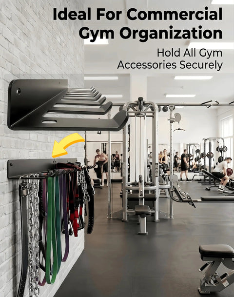 Upgraded Nine Hook Wall Mount Gym Storage Rack in 3mm steel, holding gym accessories in commercial gym setting.