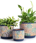 Three Piece Ceramic Plant Pots Set With Drainage Holes, 5.7 4.7 3.5 Inch, Dope Modern Blue Indoor Outdoor Planters For Lilies Cacti Succulents Snake Plants Bamboo