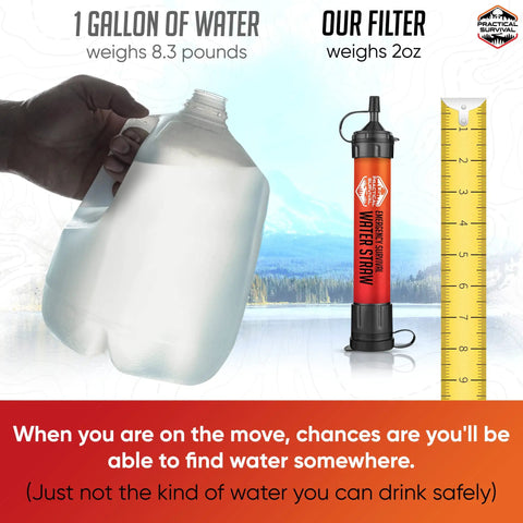 Heavy Duty Emergency Water Straws For On The Go Hydration shown next to jug and ruler, highlighting compact 8 inch size.