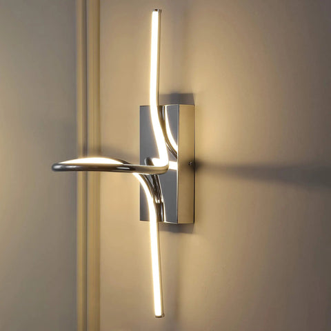 Totally Slick 9 Inch Chrome Modern Minimalist Integrated LED Vanity Light Sconce Dimmable Metal Wall Lamp For Bathroom Mirror Living Room Hallway Hardwired ETL Listed glowing on a wall