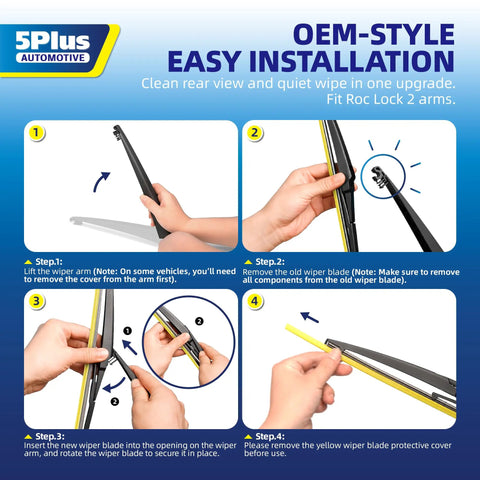 OEM-style installation steps for Premium 11 Inch Rear Windshield Wiper Blade on Chevy Hhr Hyundai Accent trunk glass.