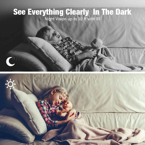 Child sleeping with doll on couch, showcasing 1080P Mini Cam And Baby Monitor With Night Vision Two Way Audio Motion Alarm.