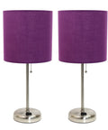 Brushed Steel Stick Table Lamp Set With Charging Outlet And Purple Fabric Shades Two Pack For A Slick Modern Look On Nightstands Or Desks