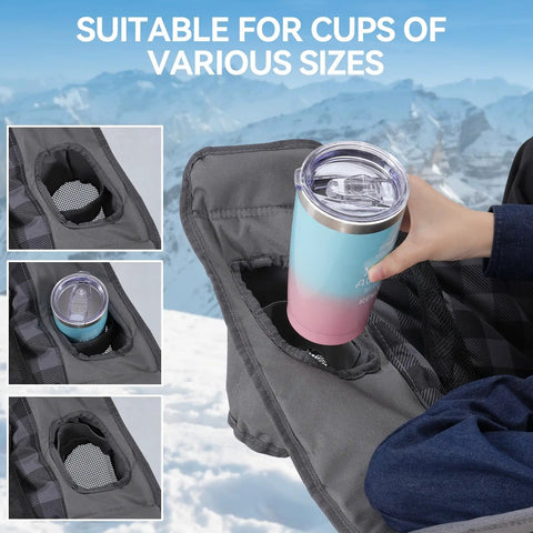 Close-up of cup holder in Two Person Padded Camping Chair For Outdoor Lounging, Heavy Duty Oversized Camping Loveseat, Gray