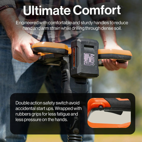 Person using Earth Auger Power Head With Steel 6 Inch By 30 Inch Bit Ultra Duty Cordless Electric With Lithium Ion Battery And Charger