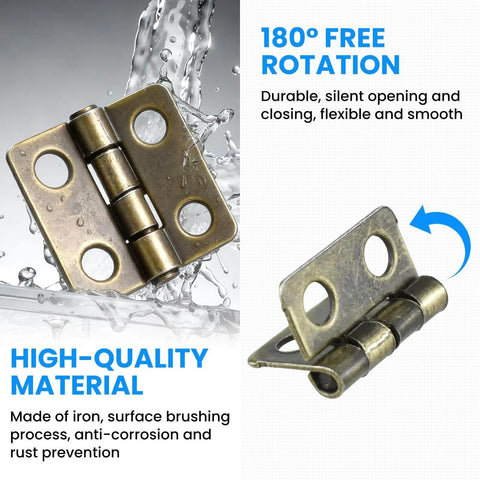 24 Pack Mini Antique Bronze Hinges 13x12mm 180 Degree Rotation With 96 Mounting Nails For Jewelry Box Cabinet Closet Wooden Case Durable Iron Hardware Set with water splash effect and close-up view.