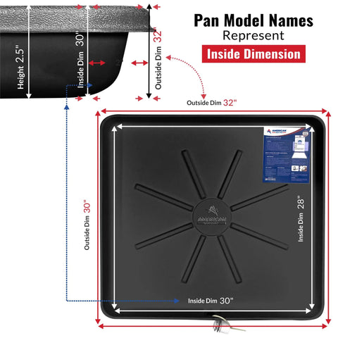 Heavy Duty Washing Machine Drain Pan With One Inch Drain Adapter Included For Leak Proof Floor Protection In Rust Resistant Plastic 30 Inch By 32.5 Inch By 1.75 Inch One Pack, showing dimensions and design details, top view.