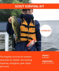 Boy holding fish with Waterproof Survival Kit In A Rugged Bag With Emergency Thermal Blanket, Fishing And Sewing Kits, Compass, And Essential Tools For Camping, Hiking, Or Bug Out Readiness.