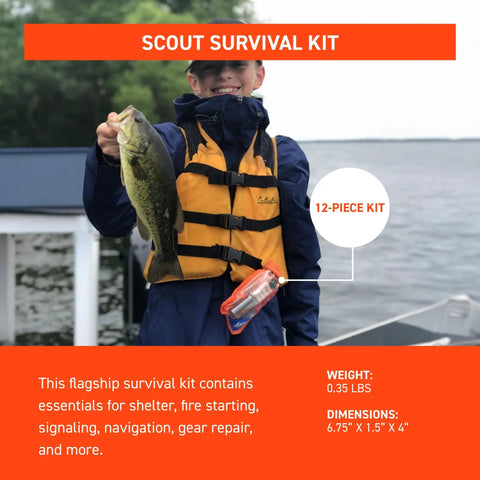 Boy holding fish with Waterproof Survival Kit In A Rugged Bag With Emergency Thermal Blanket, Fishing And Sewing Kits, Compass, And Essential Tools For Camping, Hiking, Or Bug Out Readiness.