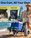 Woman pulling Beach Wagon With 12 Inch Massive Wheels For Sand And All Terrain Hauling, carrying beach and camping gear.