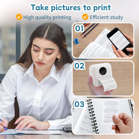 Compact Inkless Thermal Printer With Instant Bluetooth Sync And One Starter Roll Of Sticky Labels printing notes for studying.
