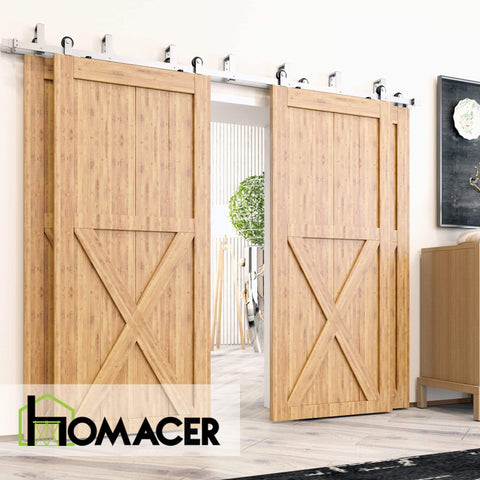 Brushed Nickel Sliding Barn Door Hardware Kit With Double Track Bypass For Four Doors installed in modern home setting