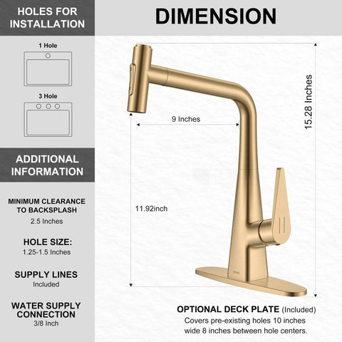 KENES Champagne Bronze Single Handle Kitchen Faucet with Pull Down Sprayer dimensions, height 15.28 inches, width 9 inches.