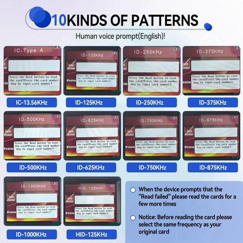 Image showing 10 kinds of RFID card patterns from IC 13.56kHz to ID 1000kHz for Multi-Frequency RFID Card Duplicator and Copier.