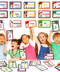 Children holding 30 Pieces Greetings From Around The World Language Cutouts For Classroom Decor And Multicultural Learning Materials