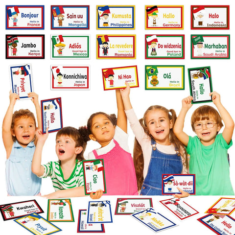 Children holding 30 Pieces Greetings From Around The World Language Cutouts For Classroom Decor And Multicultural Learning Materials