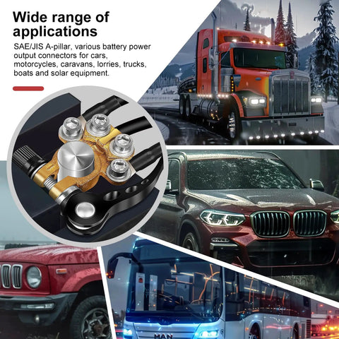 Beefy Pure Copper Battery Terminal Connectors 4 Way Quick Release installed in vehicles showing truck, cars, bus, and terminal close-up
