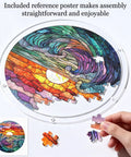 Ocean Sunset Puzzle Suncatcher Kit with 83 Pieces for Doors Garden and Window Hanging Easy Snap Together DIY Acrylic Sun Catcher Craft Seven Point Four Inches No Tools Needed showing colorful assembled pieces with a hand placing a piece.