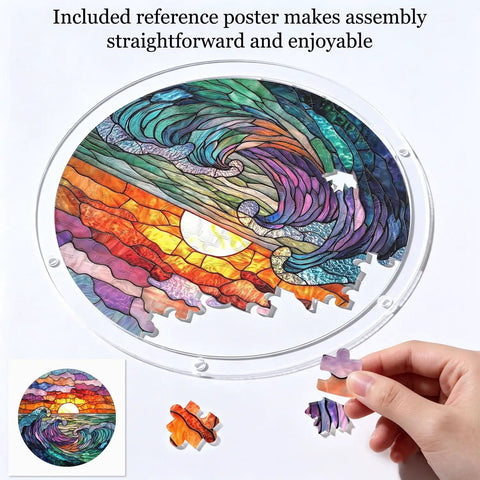 Ocean Sunset Puzzle Suncatcher Kit with 83 Pieces for Doors Garden and Window Hanging Easy Snap Together DIY Acrylic Sun Catcher Craft Seven Point Four Inches No Tools Needed showing colorful assembled pieces with a hand placing a piece.