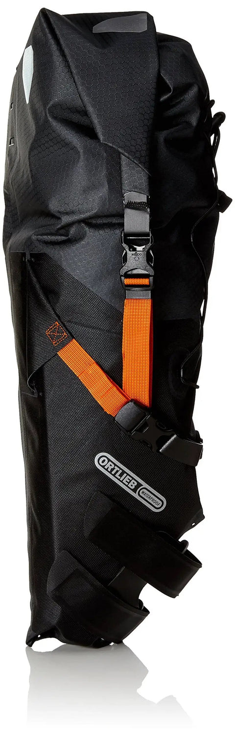 Waterproof Bike Seat Pack Large 8 To 16 Liter Roll Top Saddle Bag with Reflective 3M Strips, side view showing orange strap