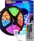 Coiled 100 ft color changing LED strip lights with 44-key remote, box labeled Ultra Long 100 Ft Color Changing LED Strip Lights For Bedroom