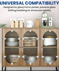 Premium Clear Glass Retainer Clips With Corrosion Proof Stainless Screws Twenty Five Pack securing glass shelves in cabinet.