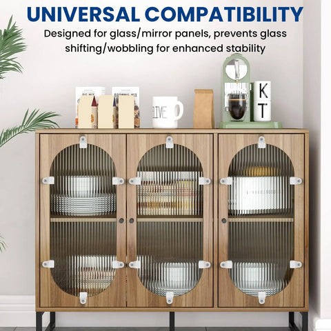 Premium Clear Glass Retainer Clips With Corrosion Proof Stainless Screws Twenty Five Pack securing glass shelves in cabinet.
