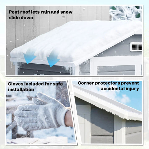 Snow-covered 6 Ft by 4.5 Ft outdoor storage shed with resin plastic, showing roof, gloves, and corner protectors for safety and security.